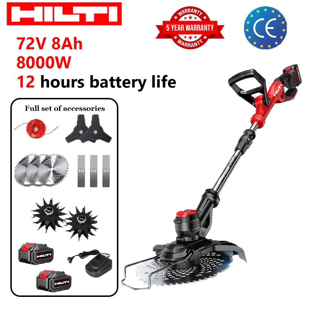 Versiune îmbunătățită: putere de 8000W, 12 ore de viață a bateriei (cadou: baterie litiu 72V 8Ah * 2 + lamă de ferăstrău din aliaj * 3 + lamă triunghiulară * 2 + lamă dreaptă * 3 + cap de tăiere din aliaj * 1 + cap de prelucrare a solului * 2 + încărcător rapid * 1)