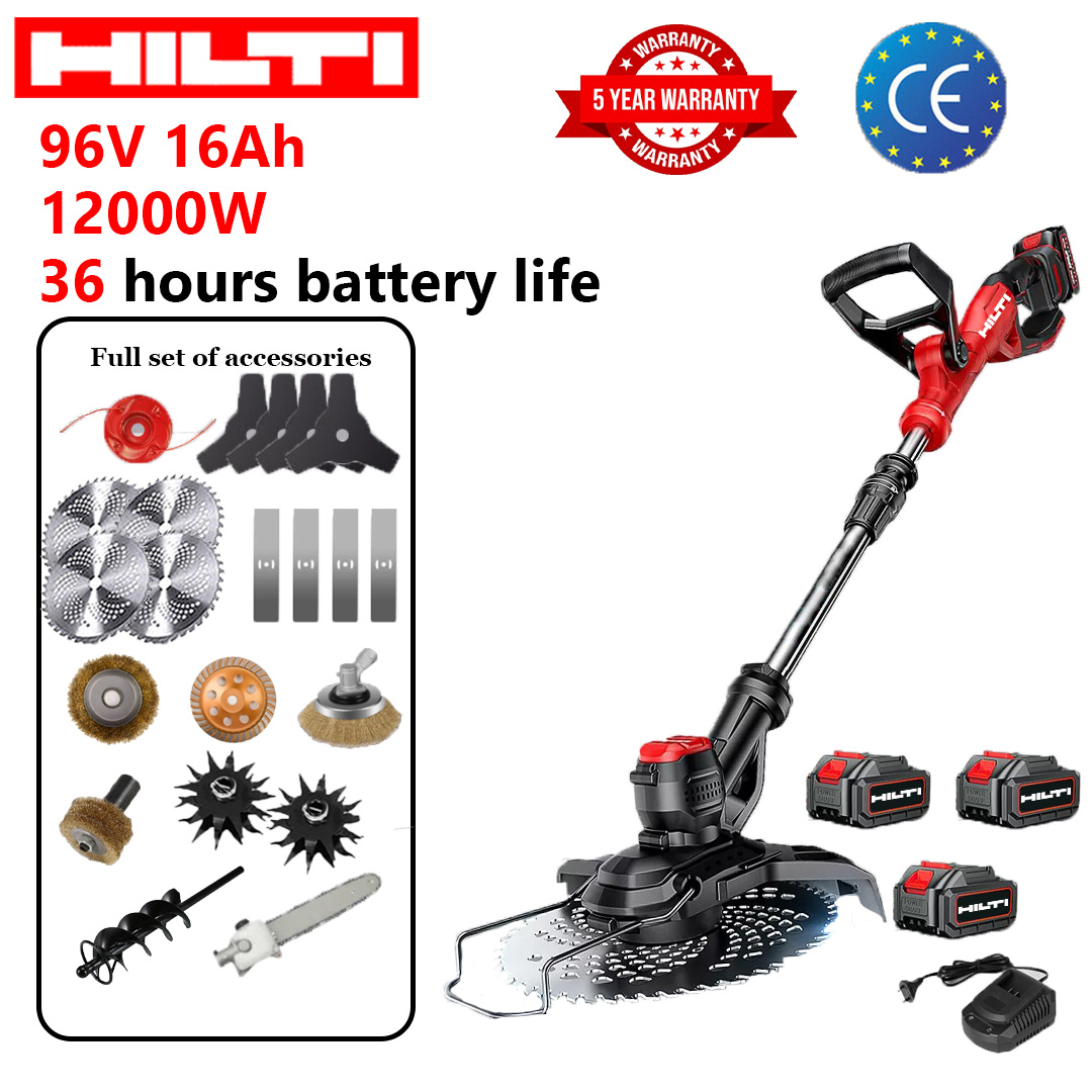 Model de lux de mare putere - Recomandat: putere 12000W, 36 de ore de viață a bateriei (cadou: baterie litiu 96V 16Ah * 3 + lamă de ferăstrău din aliaj * 4 + lamă dreaptă * 4 + lamă triunghiulară * 4 + cap de tăiere din aliaj * 1 + cap de plug * 2 + cap de lustruire tubulară * 1 + cap de lustruire din aliaj * 1 + cap mare de perie de sârmă * 1 + cap spiralat * 1 + cap de ferăstrău * 1 + încărcător rapid * 1)