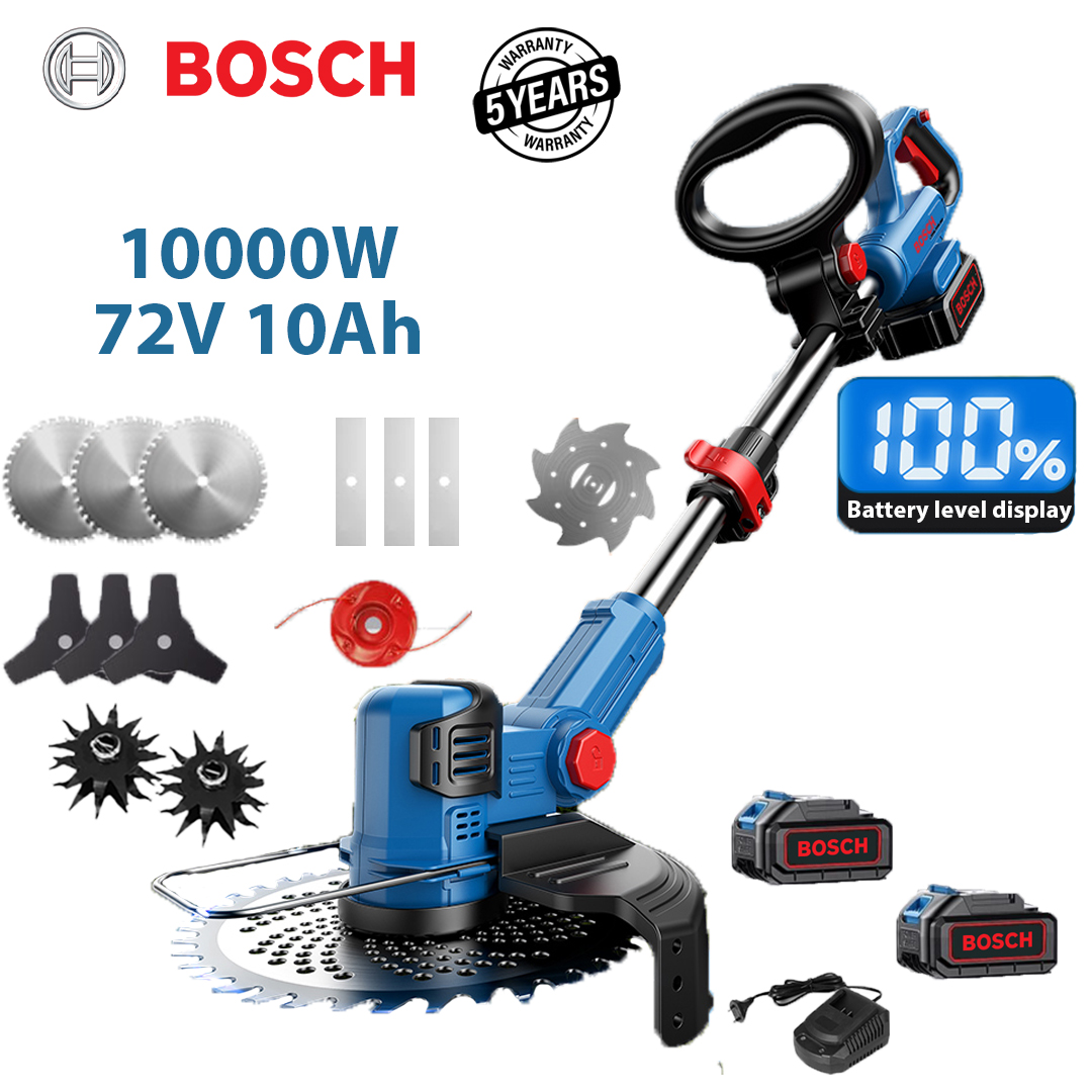 Model îmbunătățit: 10000W (2 baterii litiu 72V10Ah + 2 lame din aliaj + 2 lame triunghiulare + 2 lame drepte + 2 frânghii de tăiere din aliaj + 1 lamă anti-încurcare + 2 cape de plug + 1 încărcător rapid)