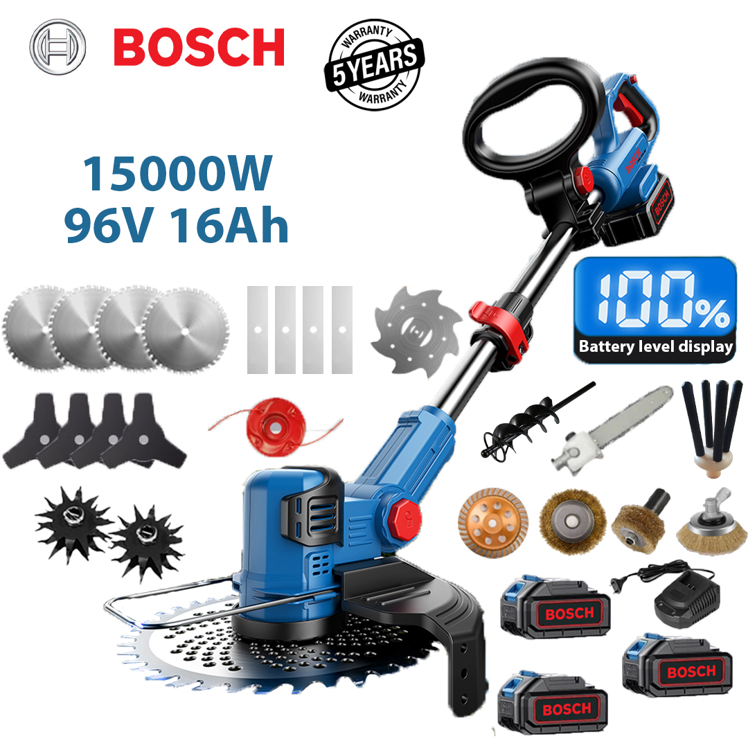 Versiune Deluxe: putere 15000W (echipată cu baterii litiu de 96V16Ah*3 + lamă din aliaj*4 + lamă triunghiulară*4 + lamă dreaptă*4 + frânghie de tăiere din aliaj*1 + lamă anti-încurcare*1 + cap de arat*2 + cap de șlefuire din aliaj*1 + cap mare de perie de sârmă*1 + cap mic de perie de sârmă*1 + cap de lustruire a țevilor*1 + cap spiralat*1 + cap de ferăstrău*1 + cap de cules fructe*1 + încărcător rapid*1)